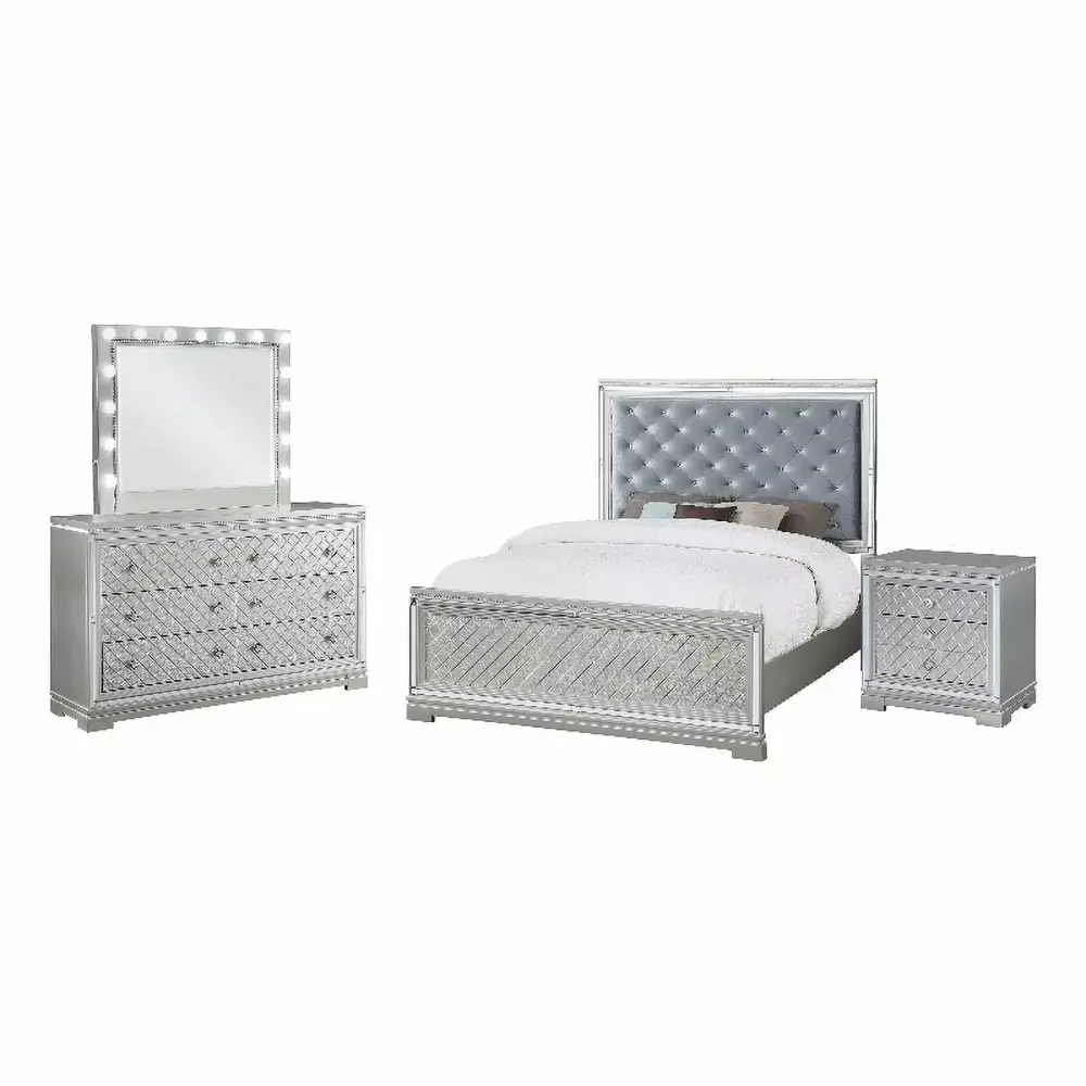 Pemberly Row Contemporary 4-Piece Wood Queen Panel Bedroom Set in Silver
