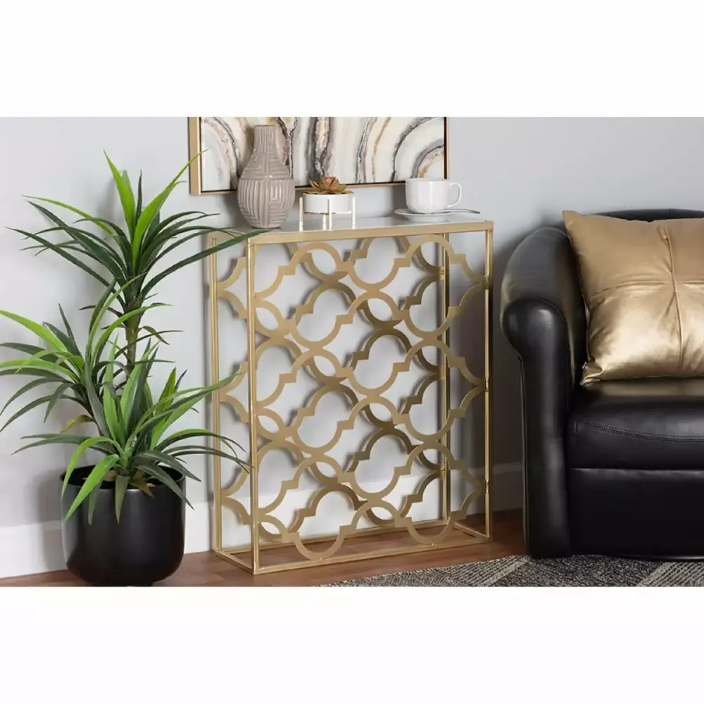 Baxton Studio Calanthe Modern Gold Finished Metal Console Table with Marble Tabletop