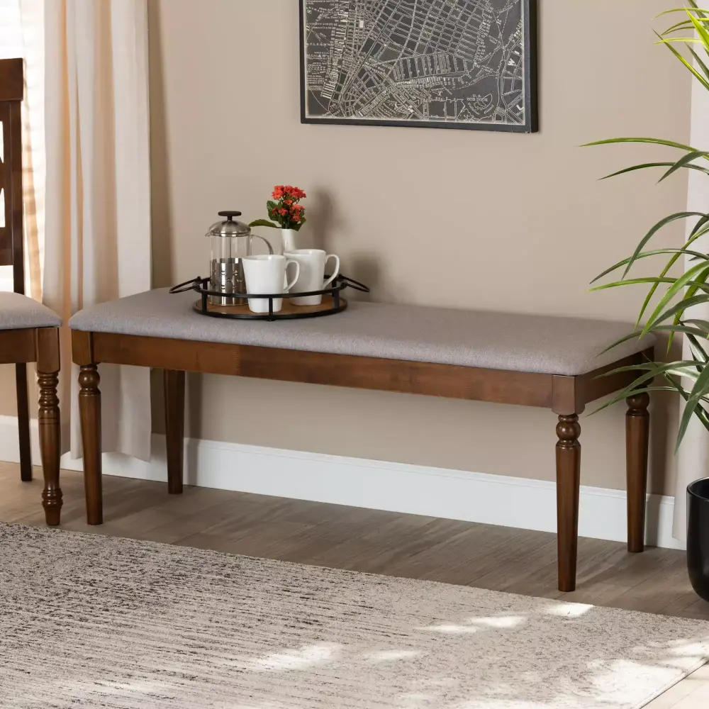 Baxton Studio Giovanni Modern Grey Fabric Upholstered Walnut Brown Dining Bench