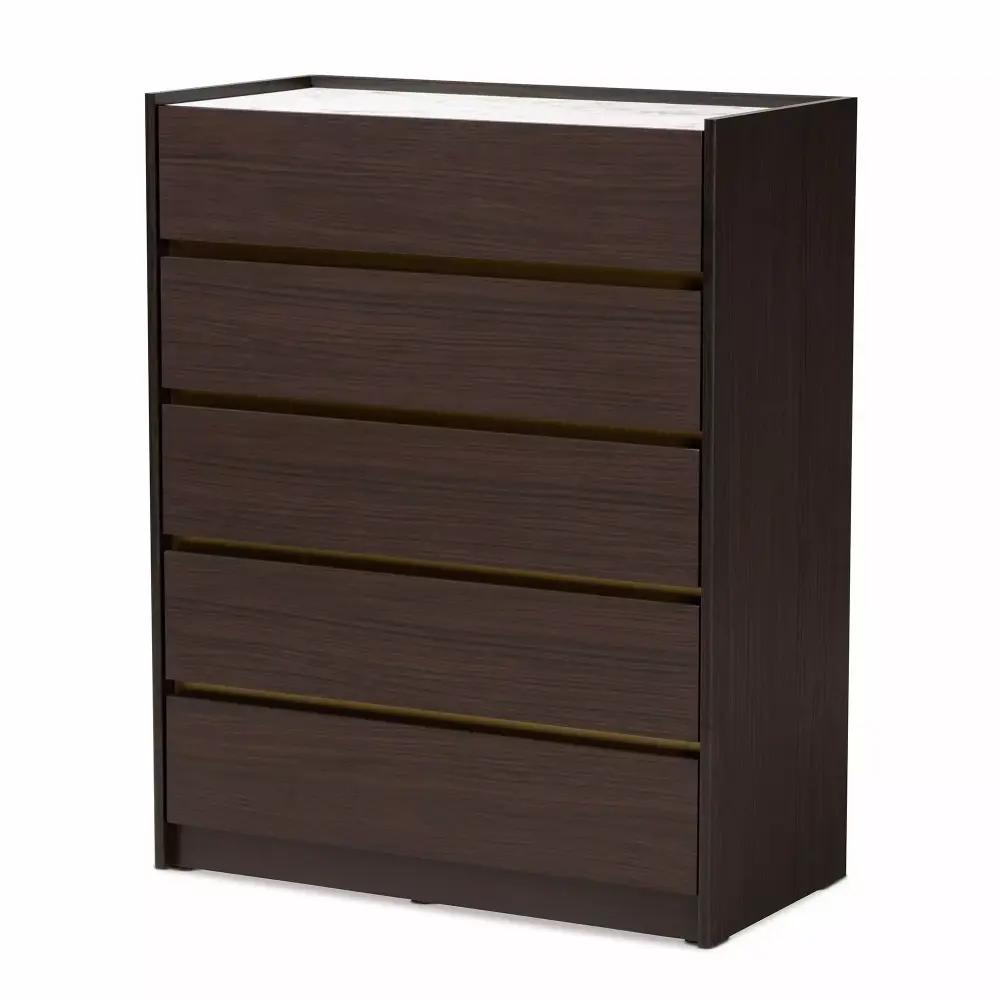 Baxton Studio Walker Modern Dark Brown and Gold Finished Wood 5-Drawer Chest with Faux Marble Top