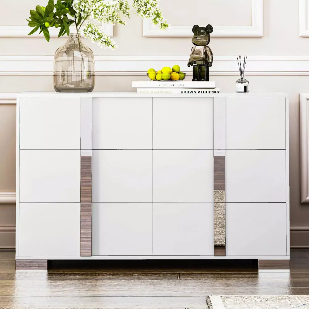 Elegant Modern White Dresser with Mirrored Handles 6 Drawer Storage Cabinet Sturdy MDF Construction