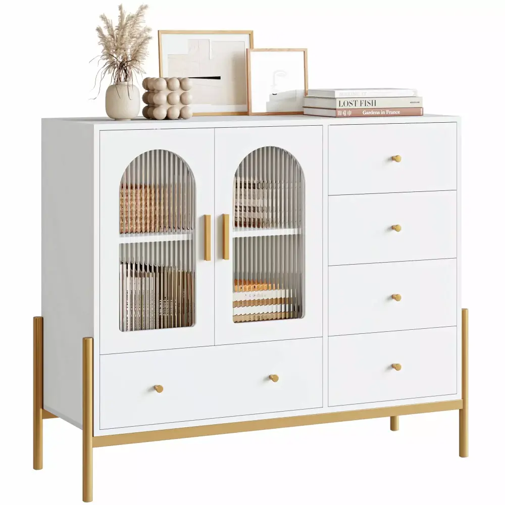 Homfa 5 Drawer Contemporary Bedroom Dresser with Glass Door and Sturdy Metal Base for Dining Kitchen Living Room White