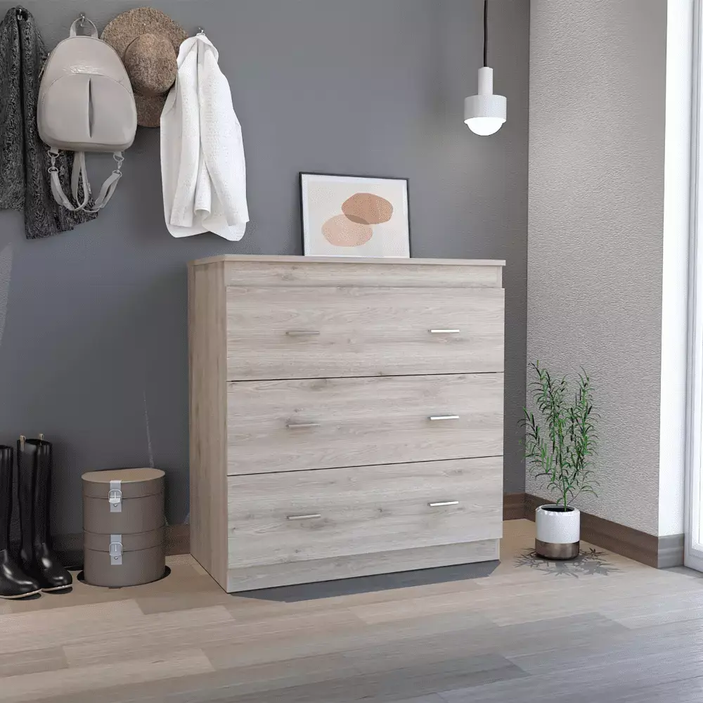 Treevol Furniture Three Drawer Dresser Whysk with Exceptional Top and Handles - Light Gray White Finish