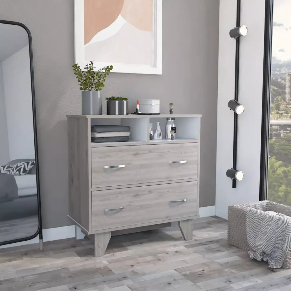 Contemporary Light Gray White Two Drawer Dresser with Open Shelves and Elegant Legs
