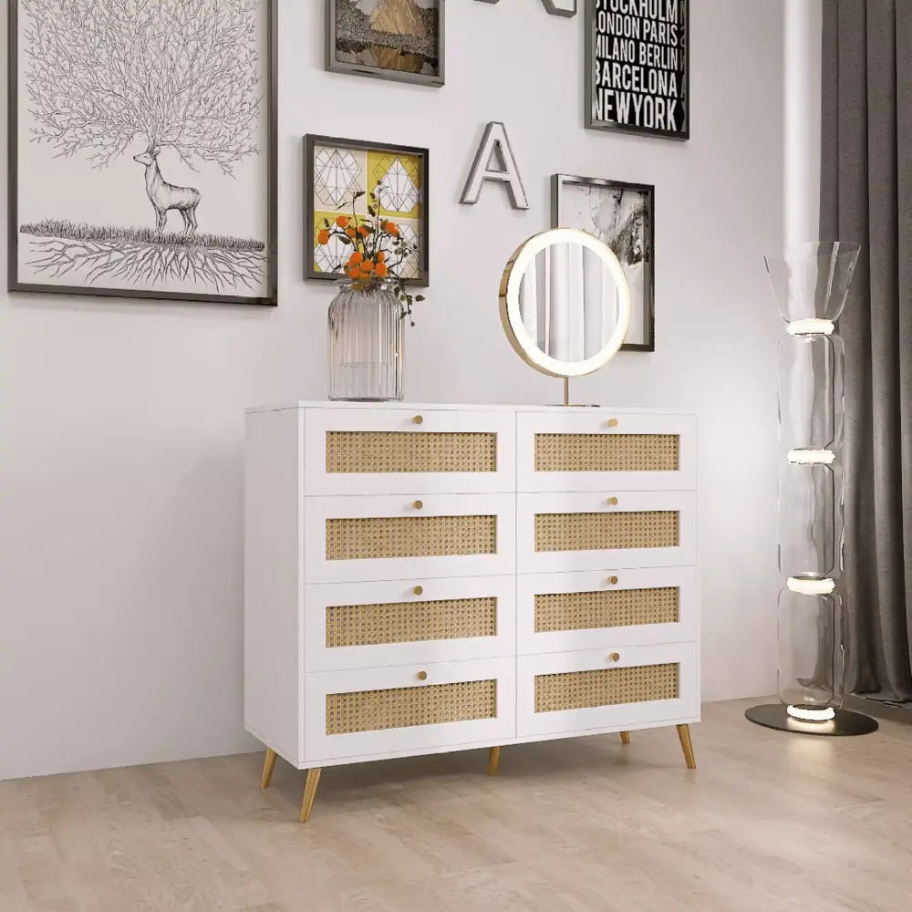 Miekor Furniture White 8 Drawer Chest with Rattan Drawer Face and Golden Legs - W4US2764 Modern Dresser