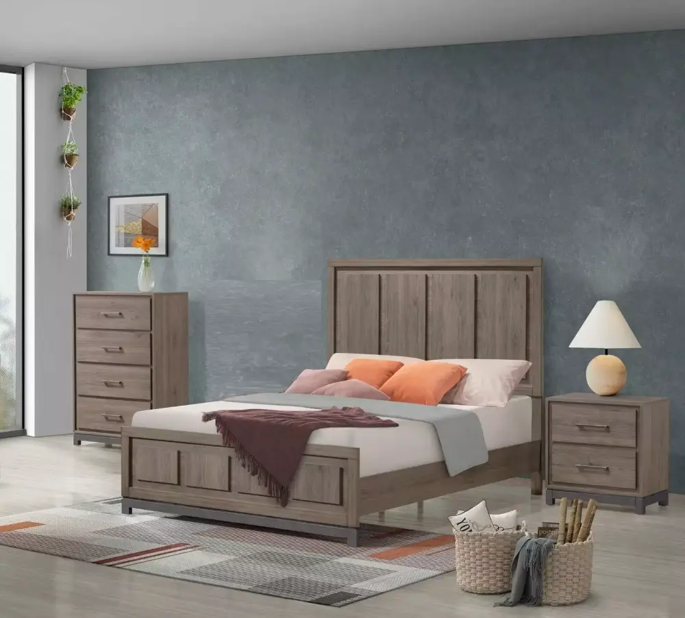 3Pc Contemporary King Size Bedroom Set in Brown Wood Finish - Modern Furniture Collection