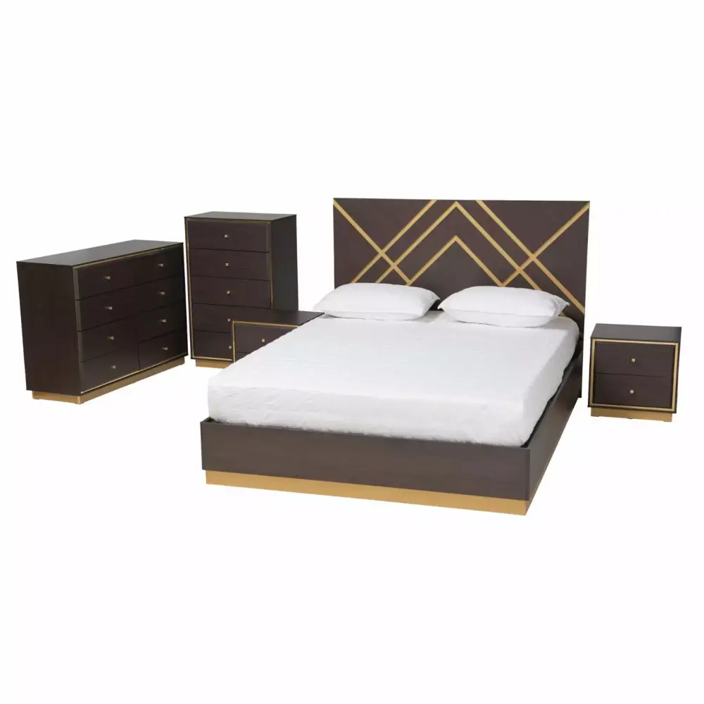 Baxton Studio Arcelia Contemporary Glam and Luxe Two-Tone Dark Brown and Gold Queen Size 5-Piece Bedroom Set