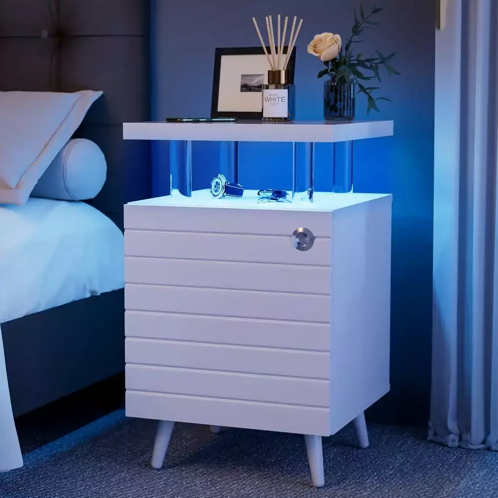 CCCCCAOLI White LED Nightstand with 4 Acrylic Columns Modern Bedside Table with Drawers for Bedroom