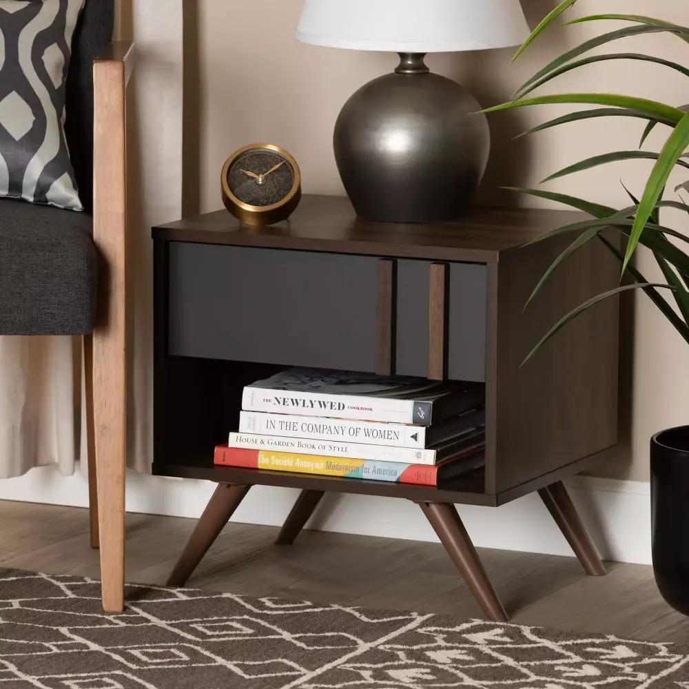 Baxton Studio Naoki Modern Contemporary Two Tone Grey Walnut Wood 1 Drawer Nightstand