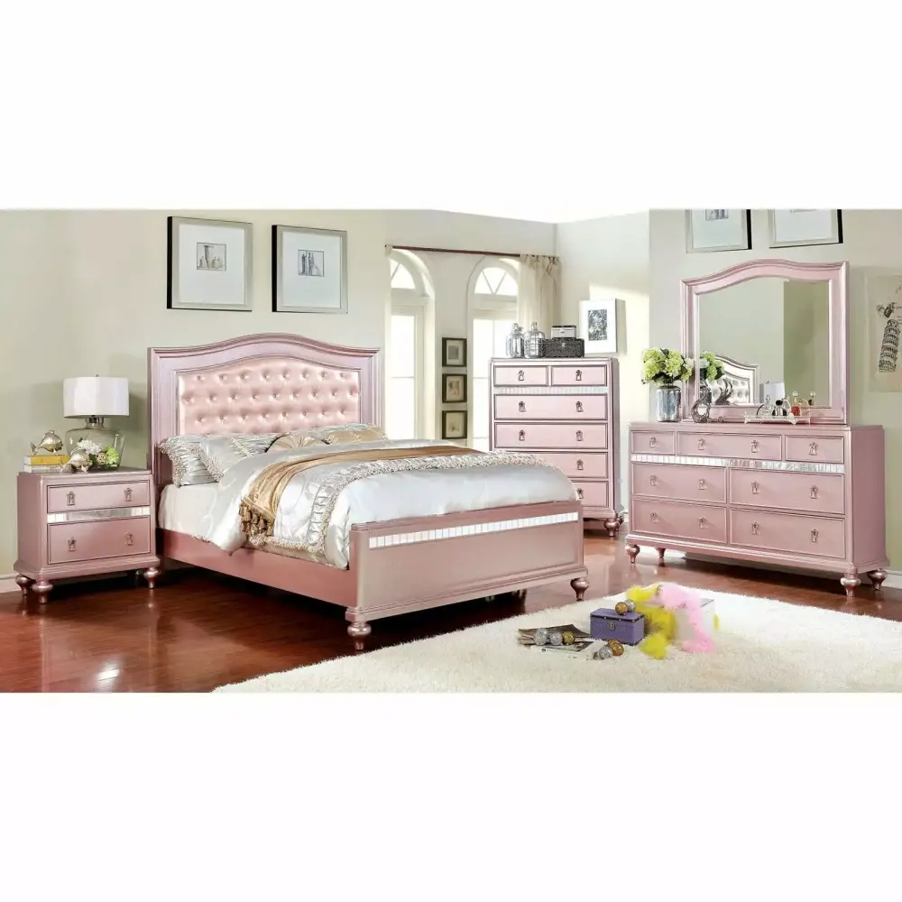 Contemporary Rose Gold Full Size Bed 6pc Set Dresser Mirror Nightstand Chest Padded HB Tufted Bedroom Furniture Solid wood