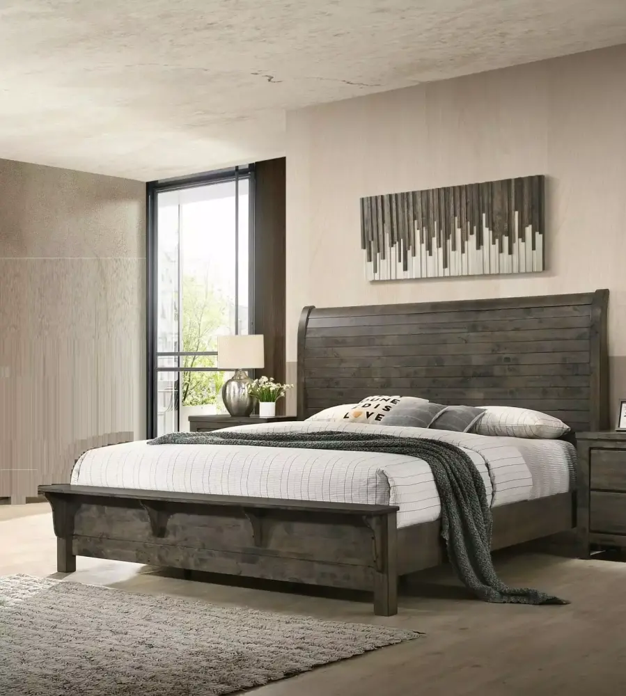 Contemporary Timeless 3pc Queen Built-in Bench Bed Nightstand Set Curve Headboard Rustic Gray Finish