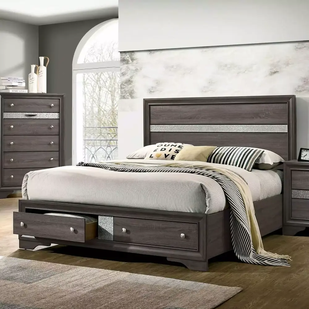 Contemporary Gray Solid Wood King Bedroom Set 6pcs FOA CM7552GY Chrissy