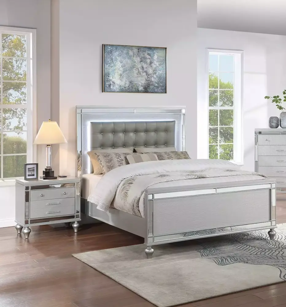 Contemporary 3-Piece King Size Bedroom Set with LED Tufted Faux Leather Nightstands