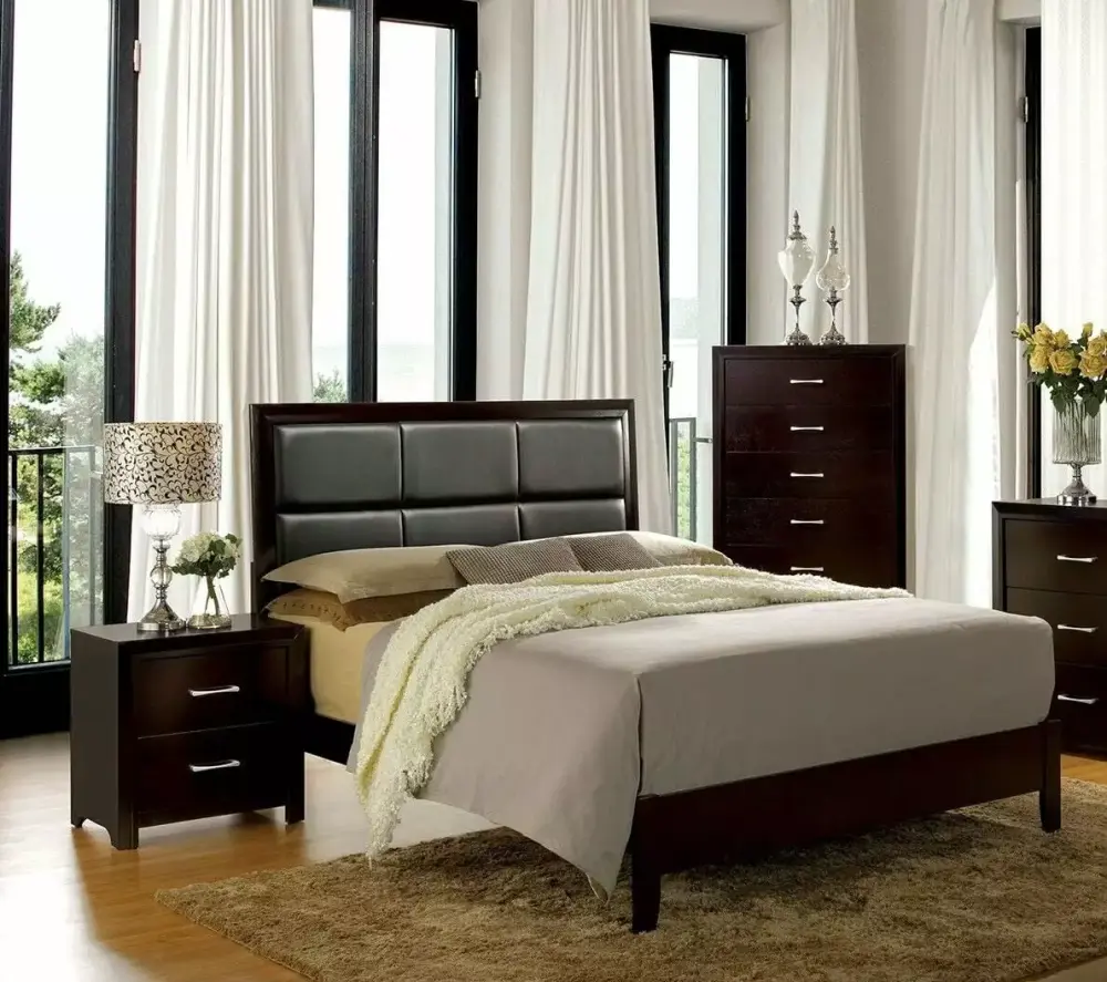 Contemporary Espresso Gorgeous 3pcs Eastern King Size Bed Bedroom Furniture Set 2x Nightstand Padded Headboard Replicated Wood