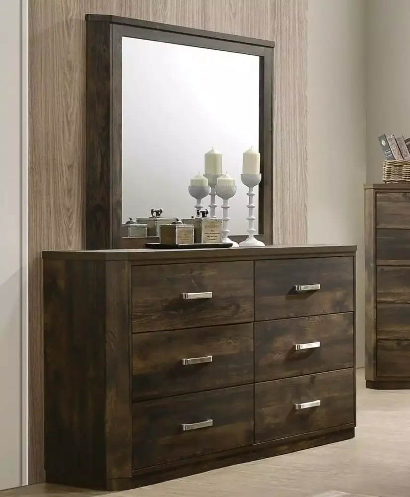 Contemporary 5pc King Bedroom Set Grooved Panels Bed Dresser Mirror Chest Nightstand Rustic Walnut Finish
