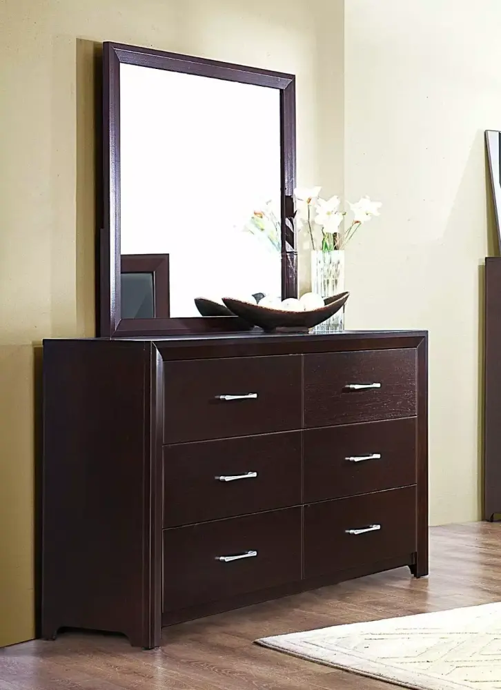 Espresso Finish Contemporary 6pc Twin Bedroom Set Nightstands Chest Dresser Mirror