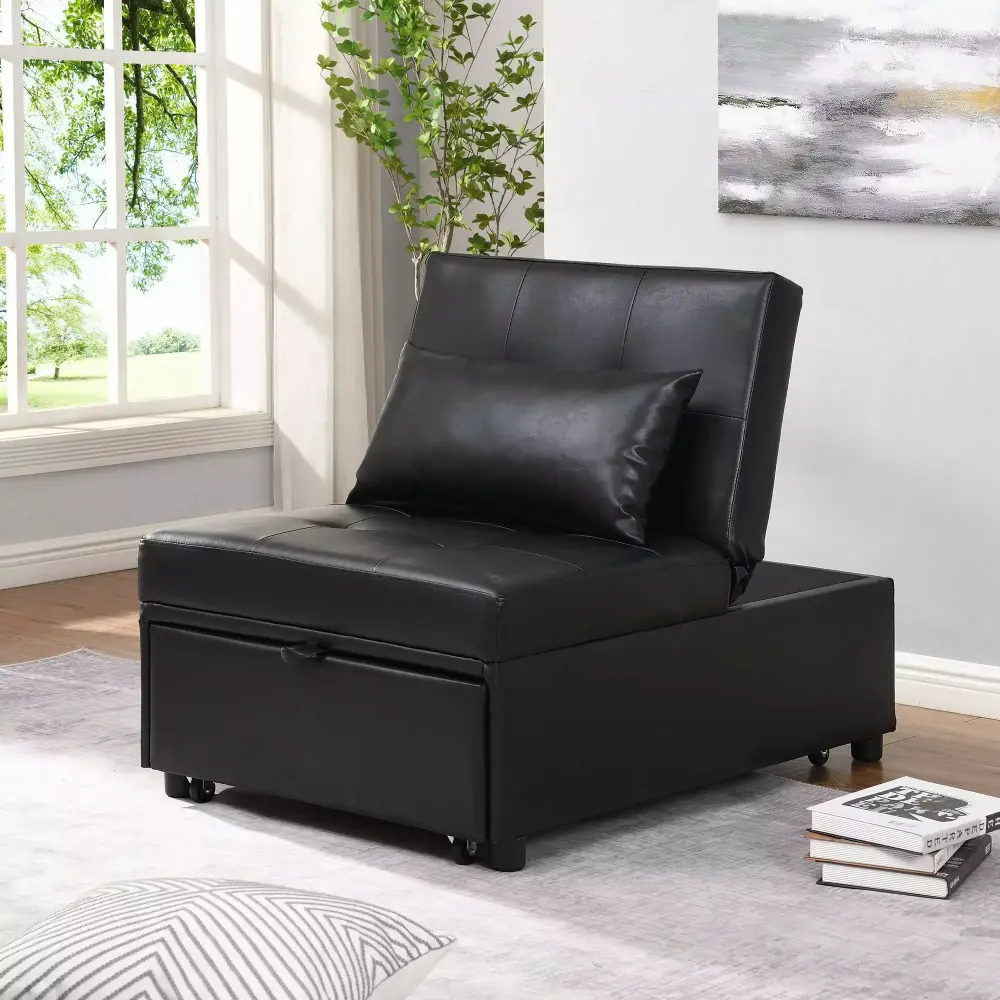 Prime Garden Sleeper Chair Bed 3-in-1 Convertible Black Leather for Home and Office
