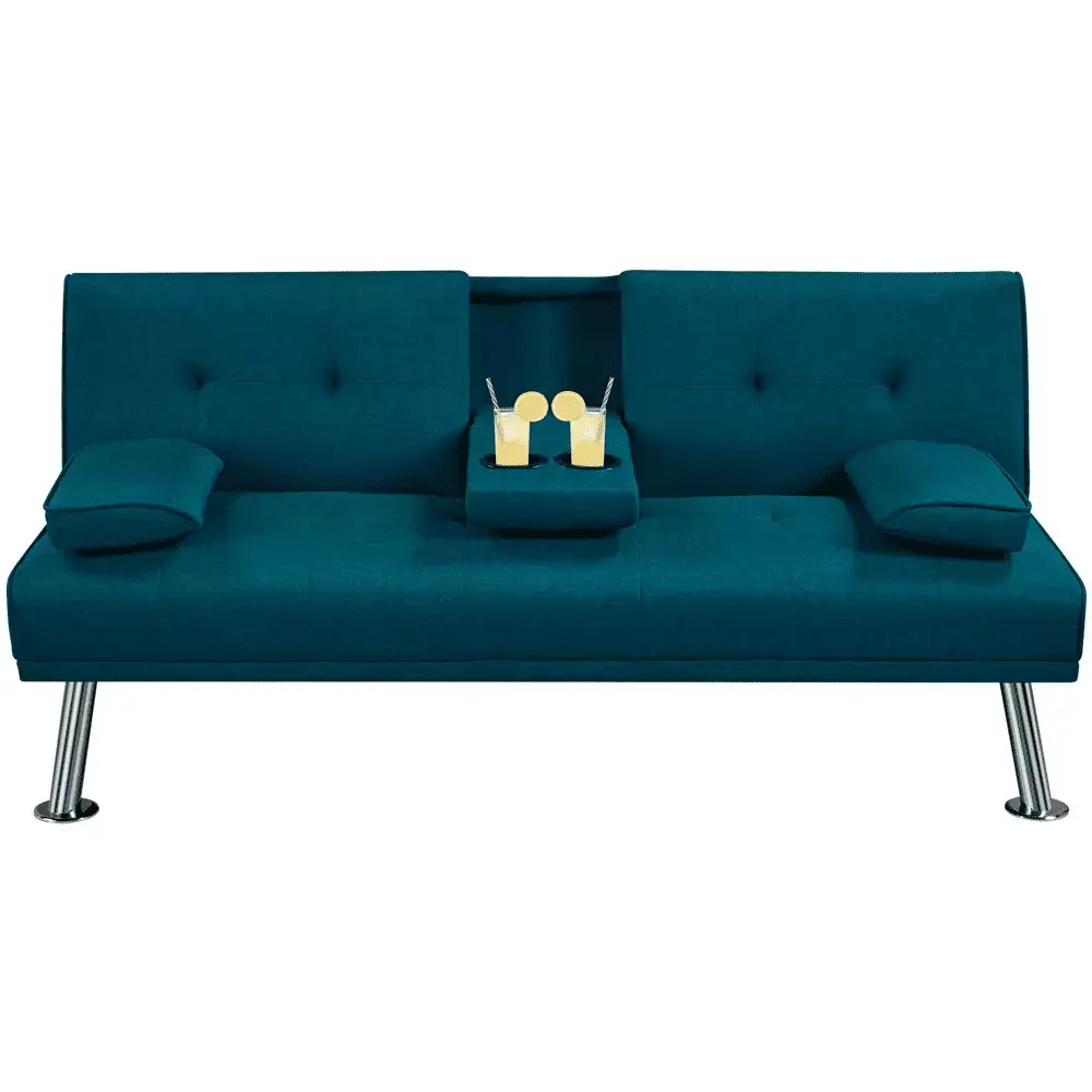 Renwick Convertible Futon Sofa Bed with Chrome Metal Legs and 2 Cup Holders Aqua Blue