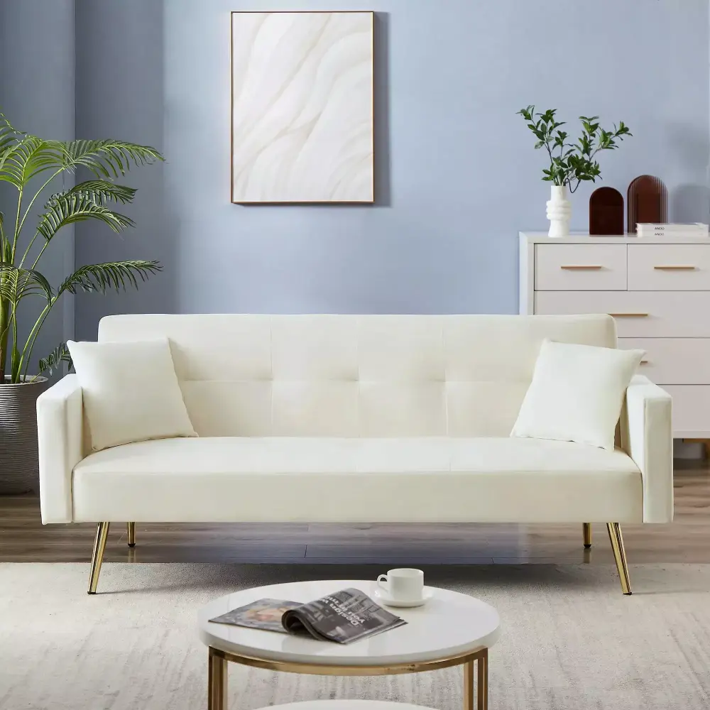 Cream White Velvet Convertible Folding Futon Sofa Bed for Compact Living Space