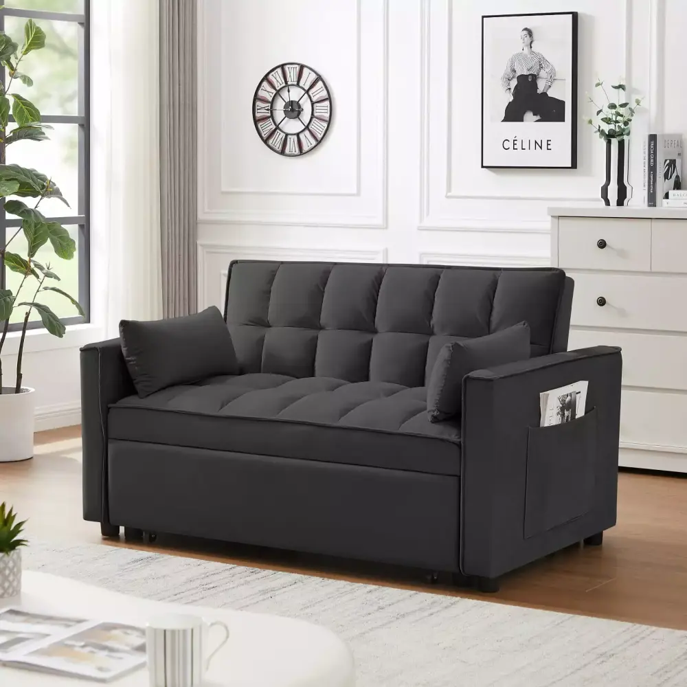 Crtynell Modern Velvet Loveseat Futon Sofa Couch with Pullout Bed and Reclining Backrest in Black