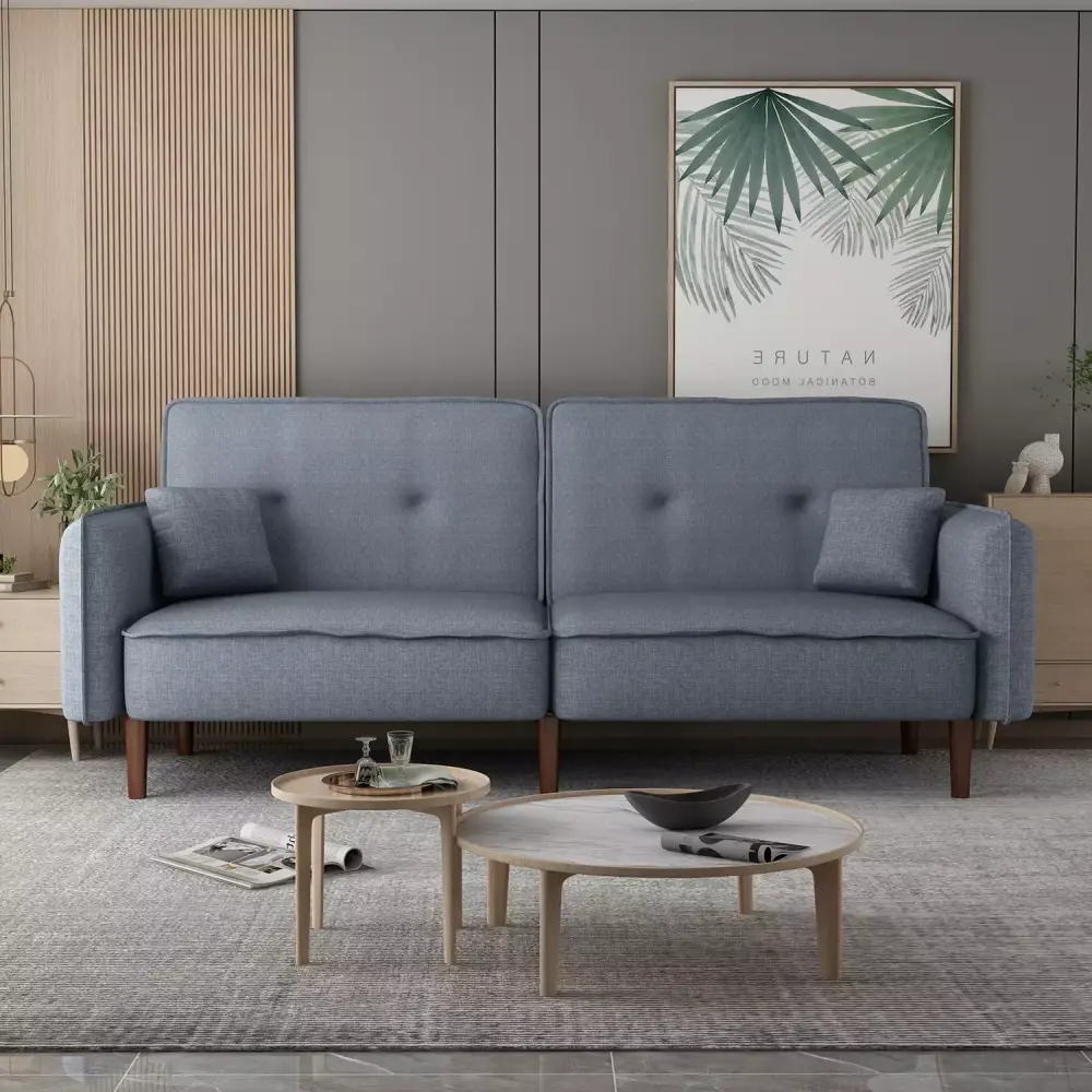 Modern Grey Fabric Futon Sofa Bed with Solid Wood Legs Convertible Sleeper Sofa with Accent Pillows