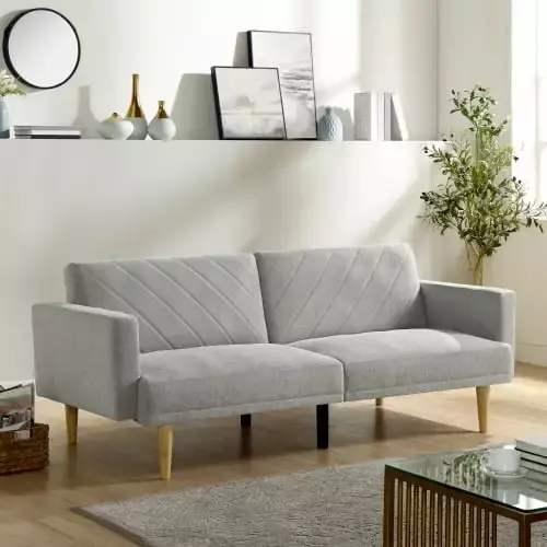 Multi-Functional Grey Futon Sofa Bed with Tapered Wood Legs for Small Living Rooms