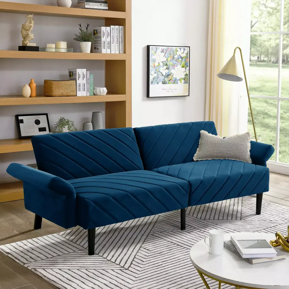 Velvet Futon Couch Convertible Folding Sofa Bed with Adjustable Armrests for Apartment Living Room