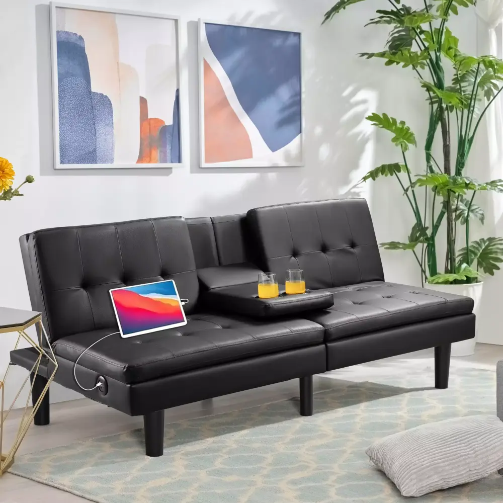 Benton Park Futon Memory Foam Sofa Bed with USB and Cupholders & Arms Faux Leather Black