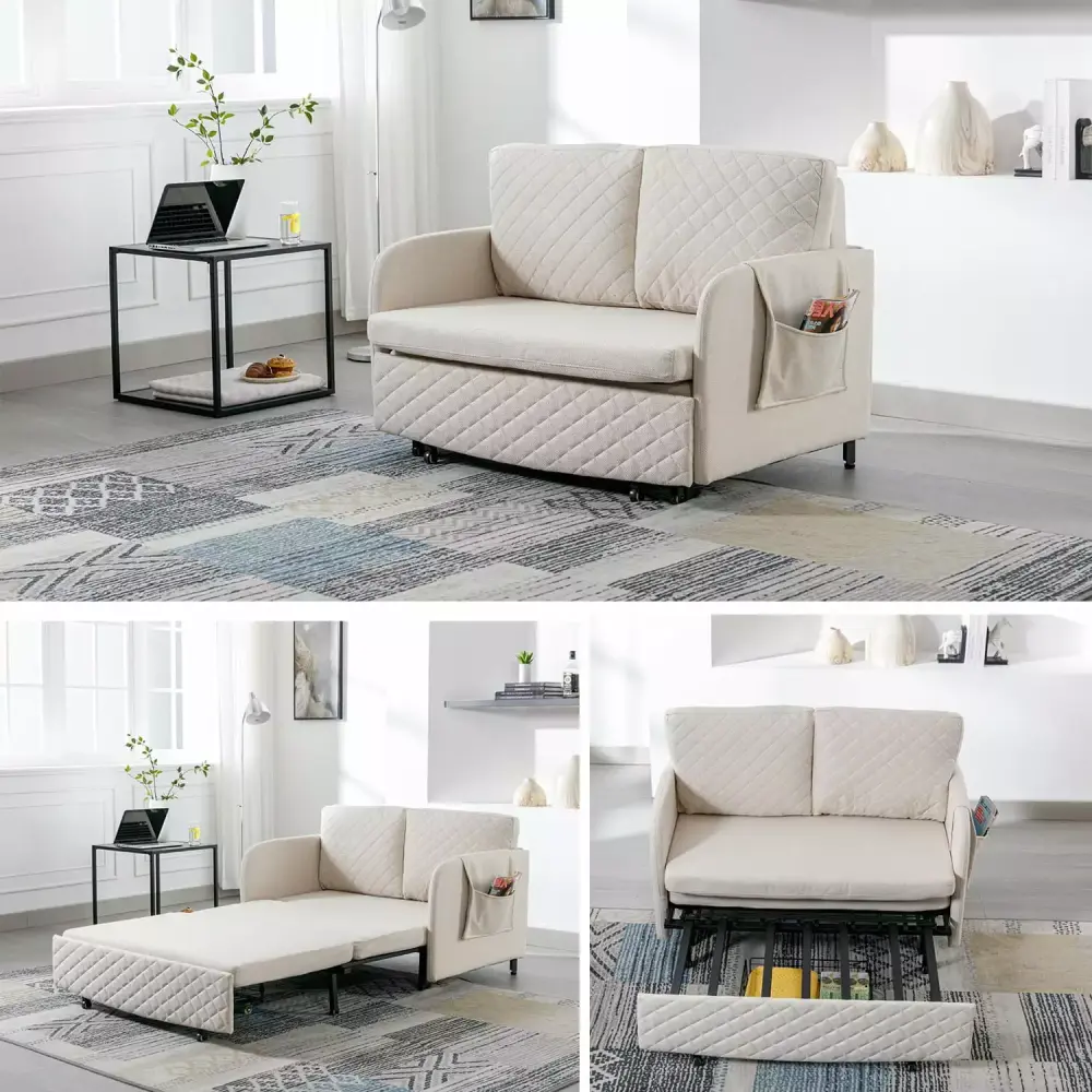 Modern Beige Convertible Sleeper Sofa Bed Velvet Loveseat with Pull-Out Bed and Quilted Design