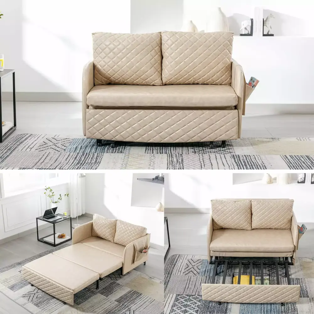 Modern Champagne Convertible Sleeper Sofa Bed Velvet Loveseat with Pull-Out Bed and Quilted Design