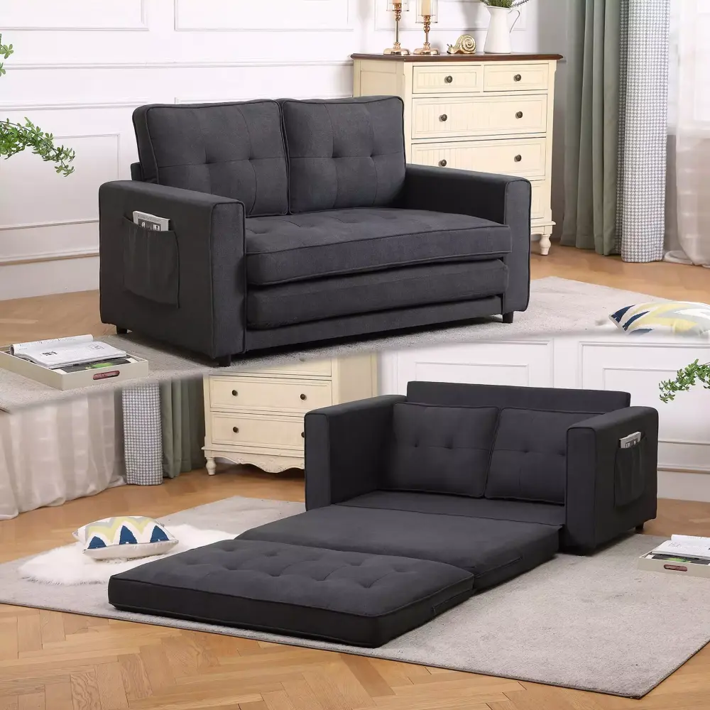 3-in-1 Upholstered Futon Sofa Convertible Floor Sofa Bed - Foldable Tufted Loveseat with Side Pockets