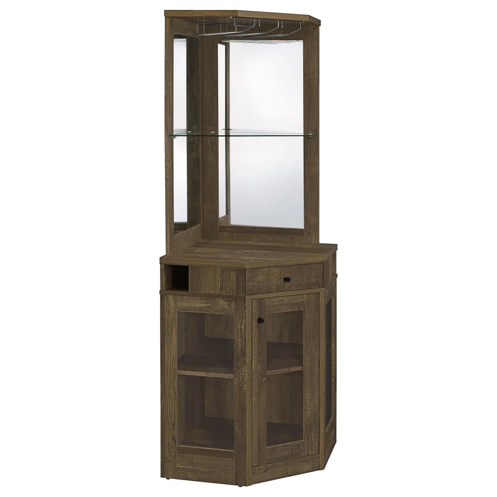 Alviso Corner Bar Cabinet with Stemware Rack in Rustic Oak Finish