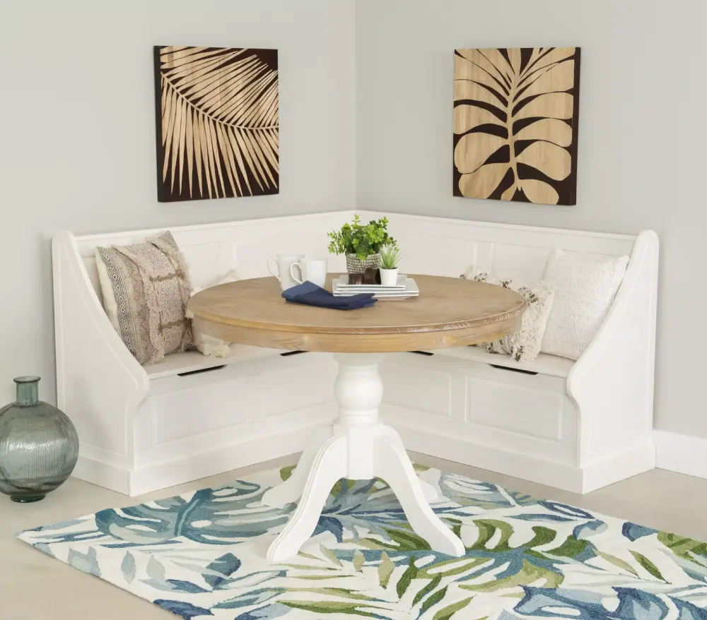 Linon Tobin Corner Dining Breakfast Nook and Table with Storage Seats 4 White and Natural Finish
