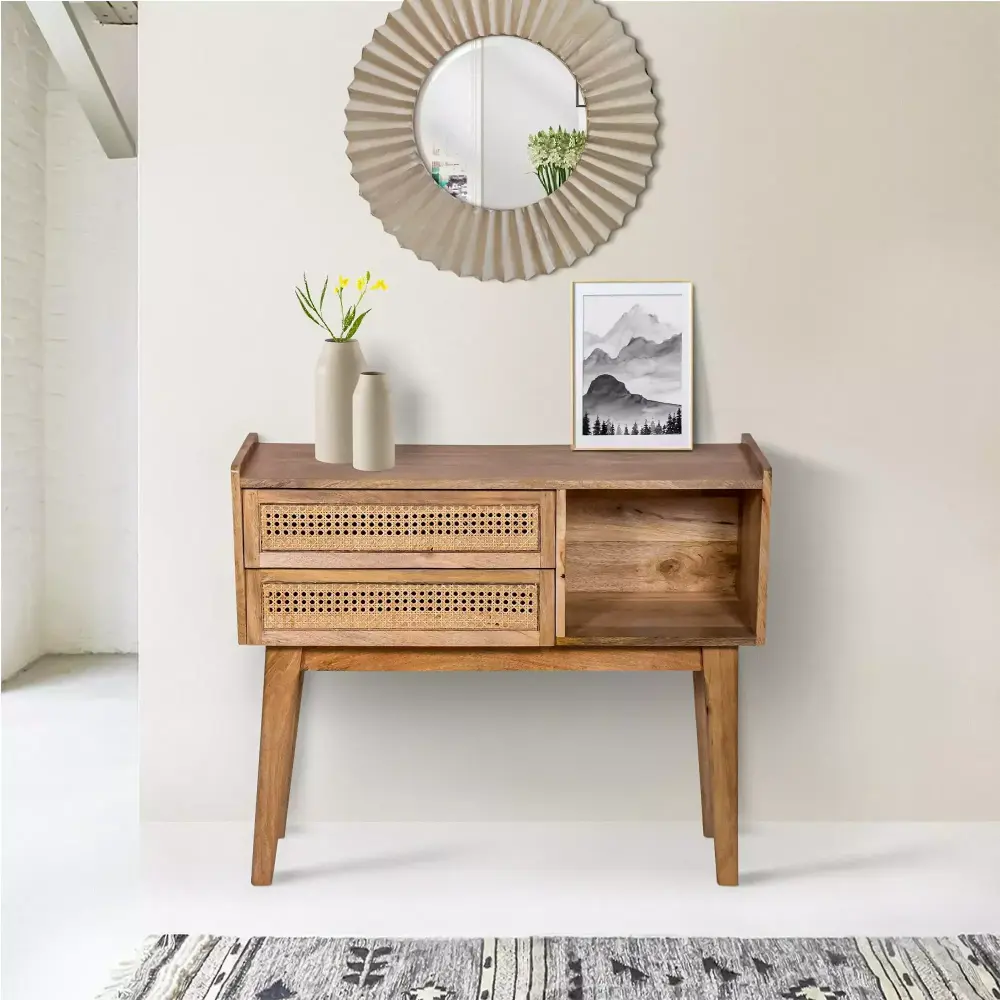 Ryan 35 Inch Cottage Style 2 Drawer Mango Wood Console Table with Cane Rattan Panels in Natural Brown