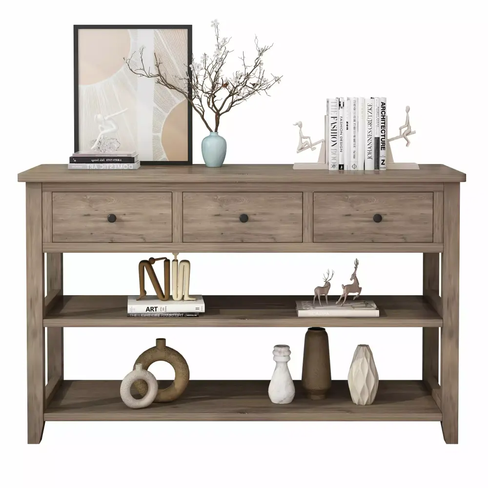 SalonMore Country Console Table 3-Tier Entryway Table Sofa Table Living Room Table with 3 Shelves Retro Gray