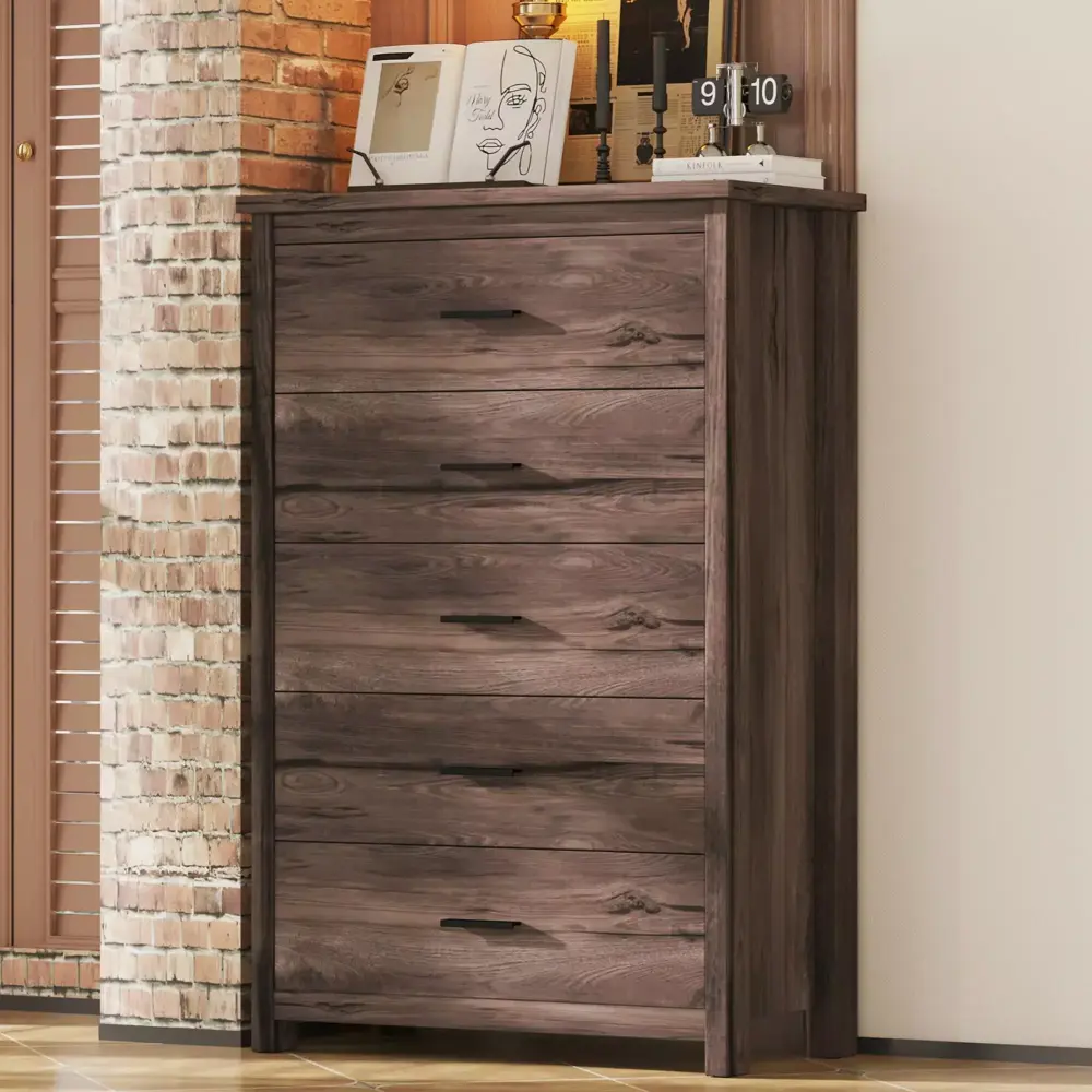 Homiyad Retro American Country Style Wooden Dresser 5 Drawer Dark Walnut Storage Cabinet