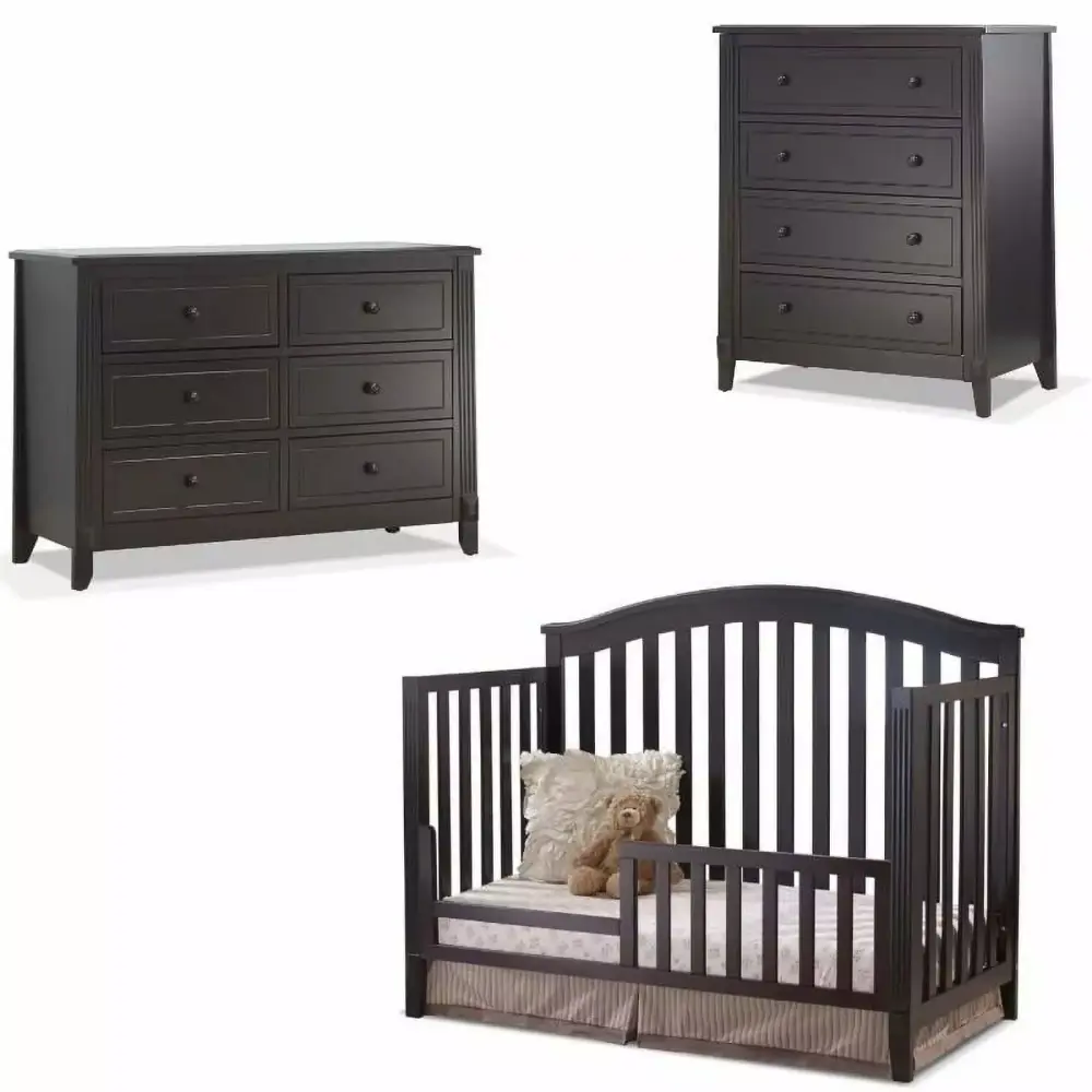 Baby Crib 4 Drawer Chest and Double Dresser Set in Espresso - Modern Nursery Furniture