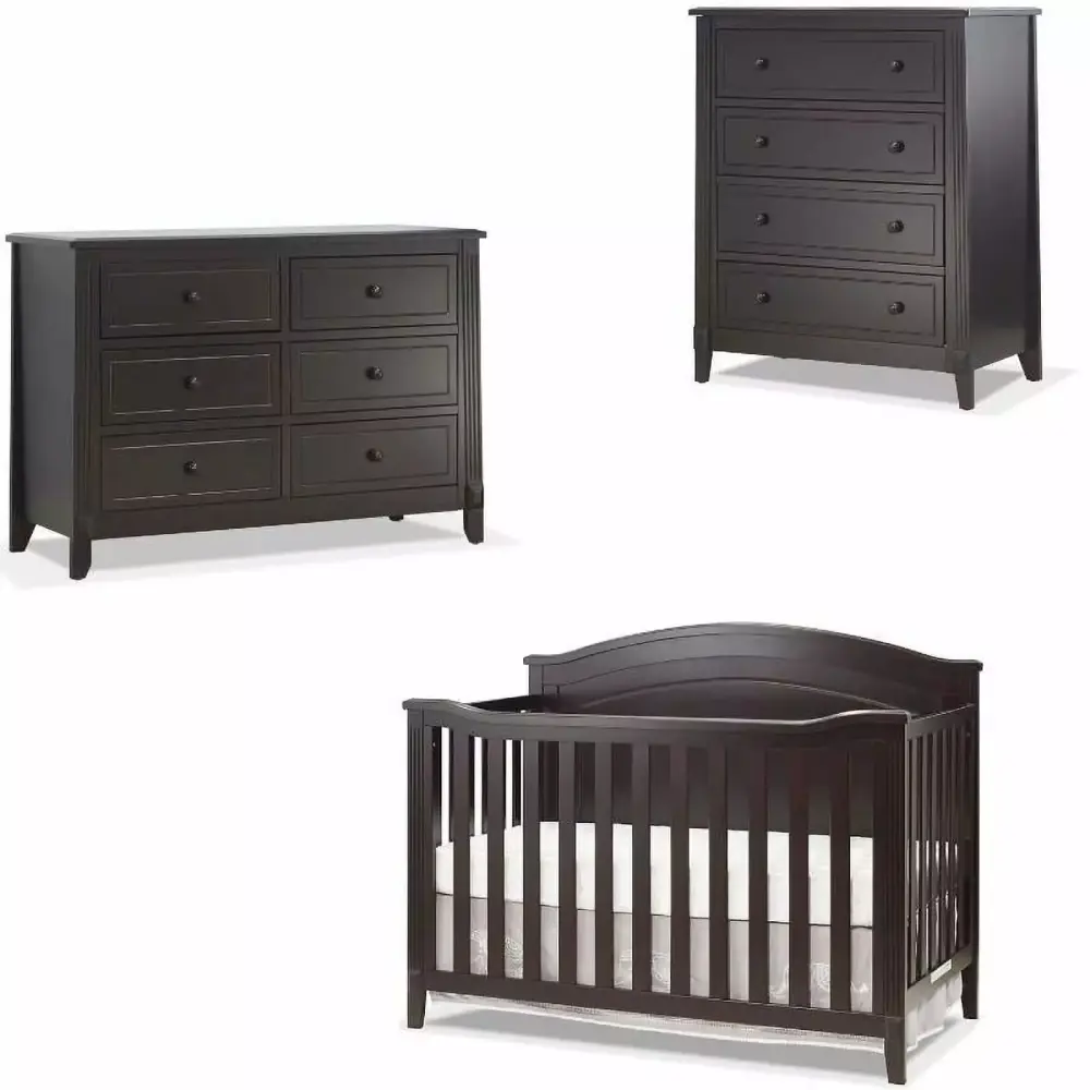 Baby Crib with 4 Drawer Chest and Double Dresser Set in Espresso
