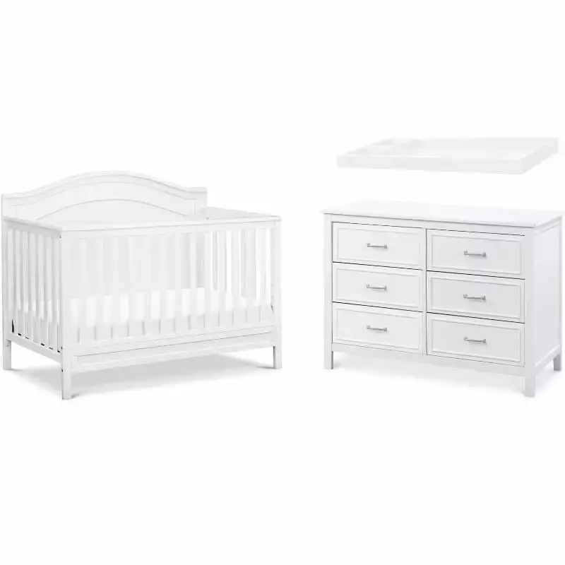 4-in-1 Convertible Crib and Dresser Set with Removable Changing Tray in White