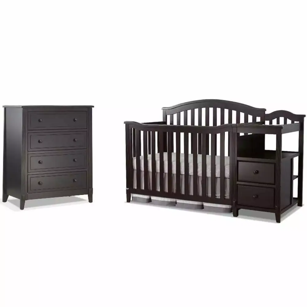 Baby Crib with Changing Table and Dresser Chest 2 Piece Set in Espresso Finish