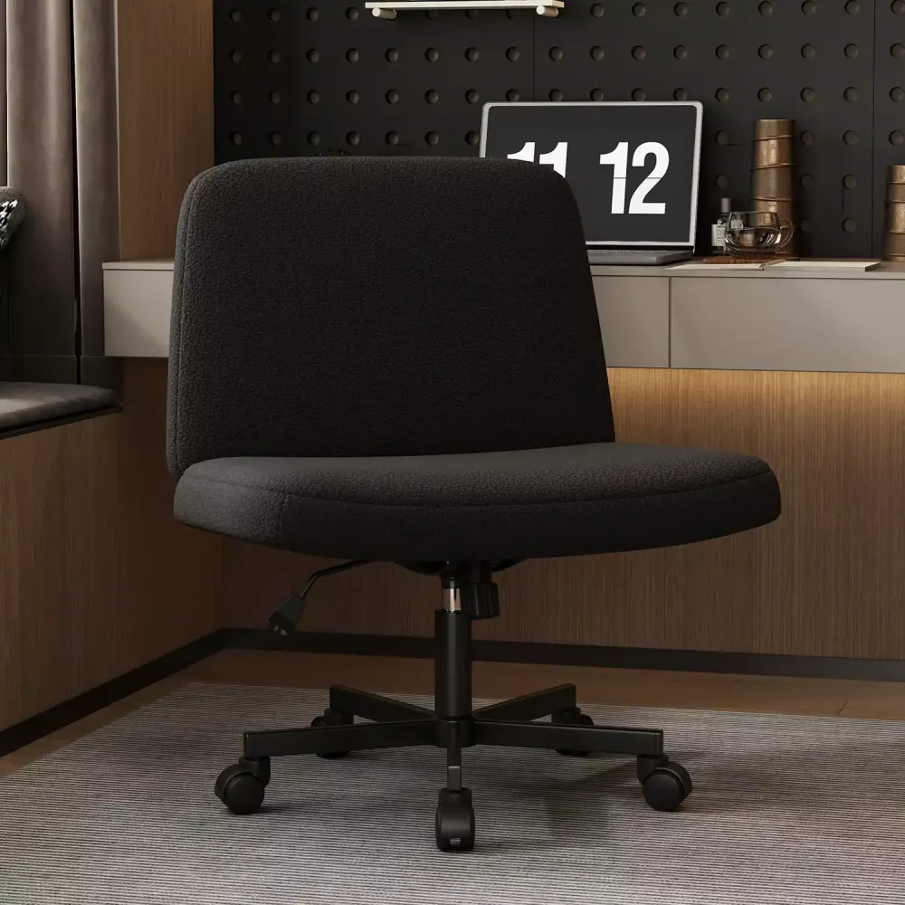 Cross Legged Armless Wide Seat Ergonomic Office Desk Chair with Wheels Swivel Computer Chair for Vanity Living Room in Black
