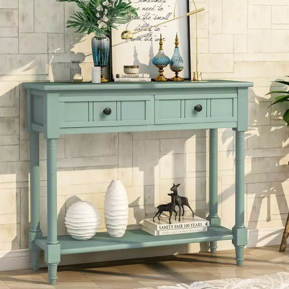 Josen Daisy Series Retro Blue Console Table with Two Drawers Acacia Mangium Traditional Design