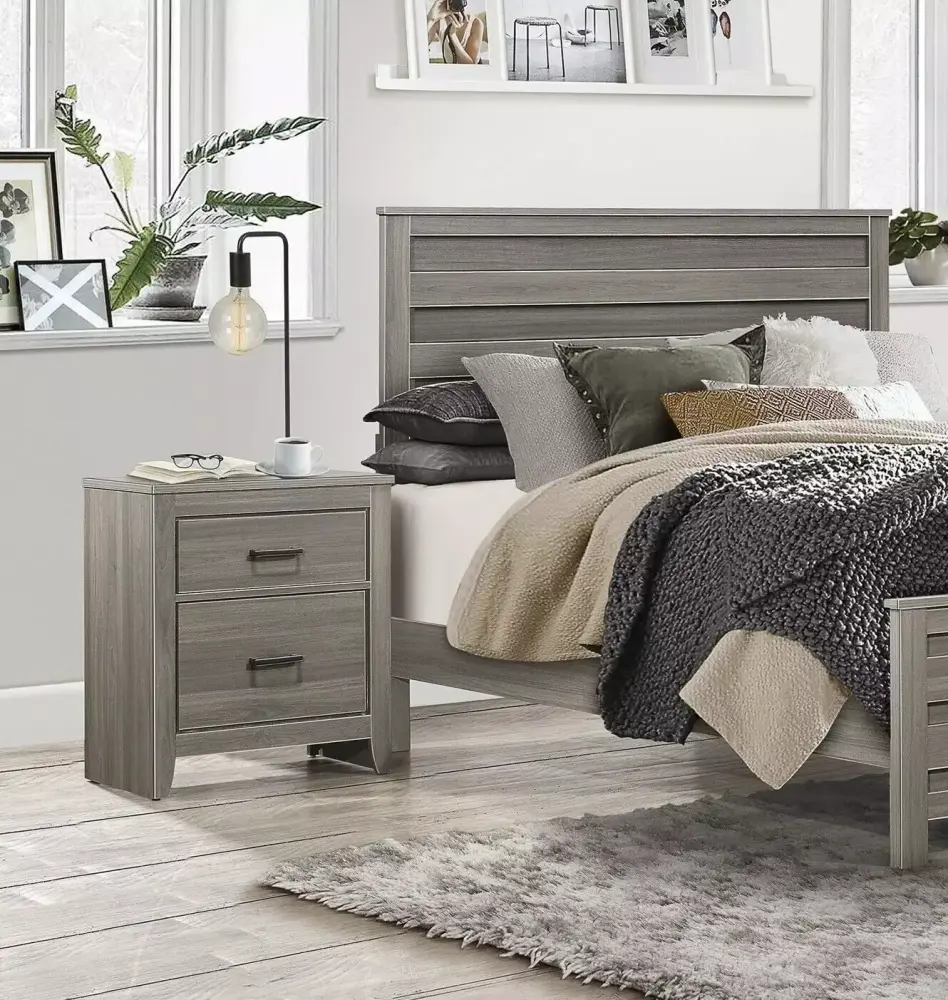 Modern 5pc Full Bedroom Set with Dark Gray Rustic Nightstand Dresser Mirror and Chest