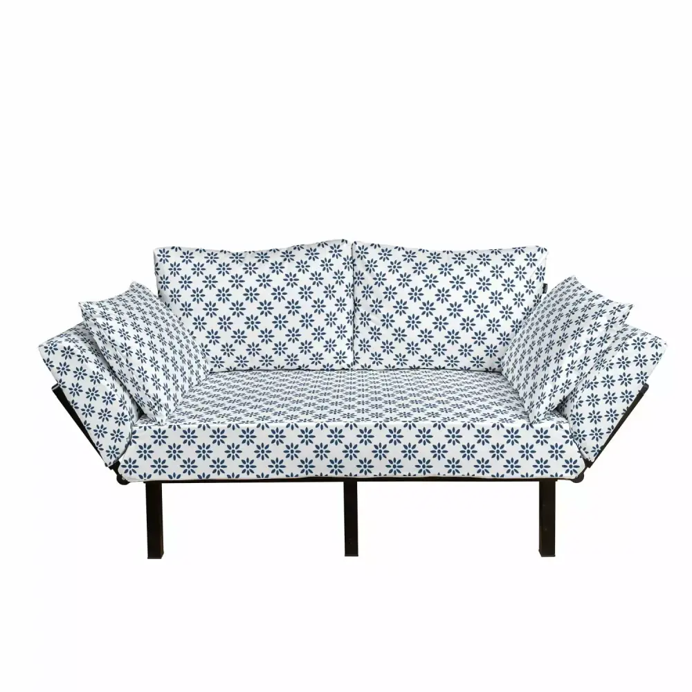 Floral Futon Couch Abstract Style Daybed with Metal Frame in Blue Color Pattern