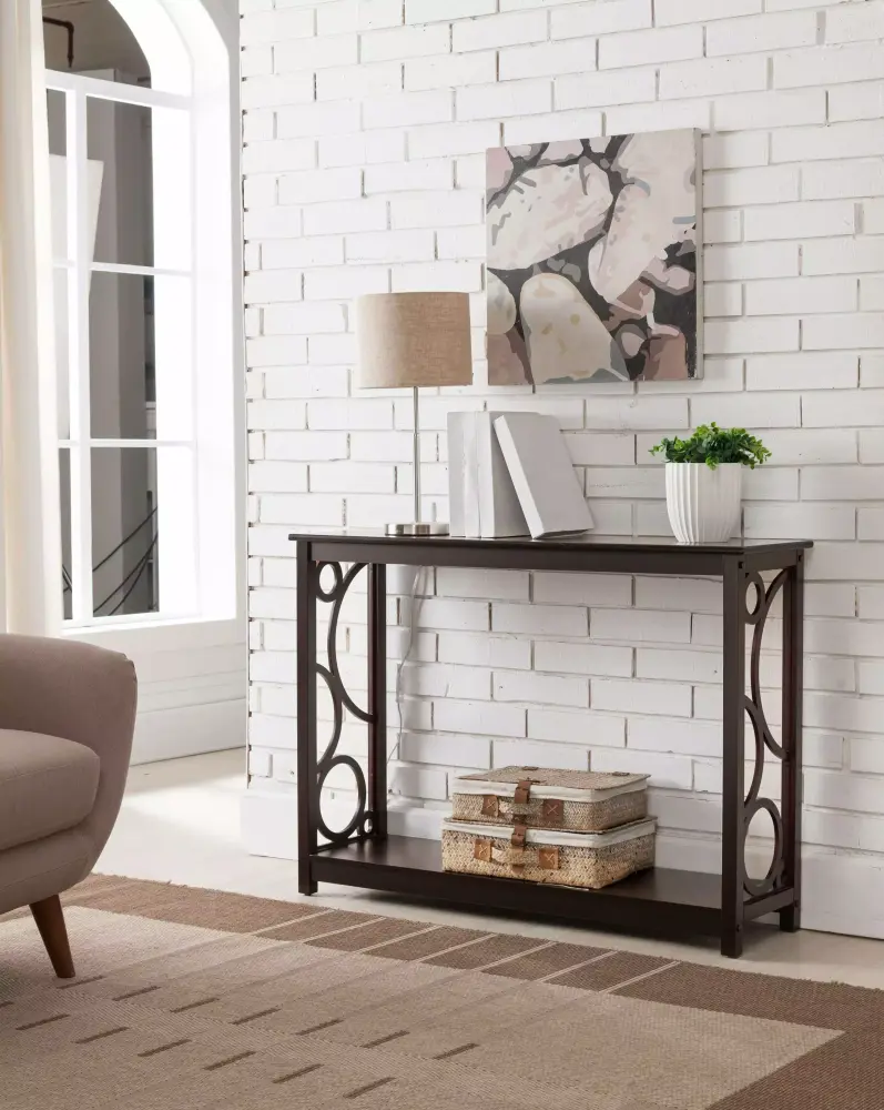 Kings Brand Furniture Wood Console Table with Lower Shelf and Circular Patterns in Dark Cherry