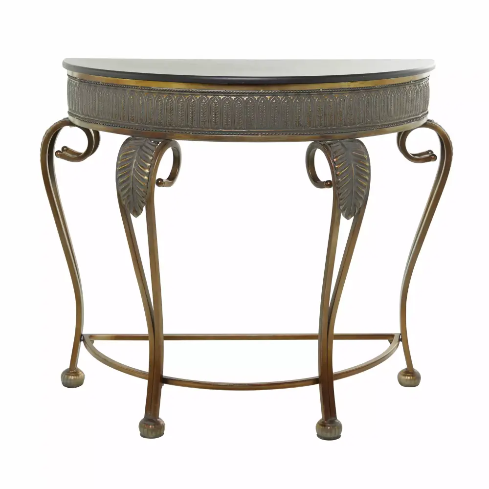 DecMode 41 x 33 Gold Metal Embossed Leaf Console Table with Ornate Scroll Legs