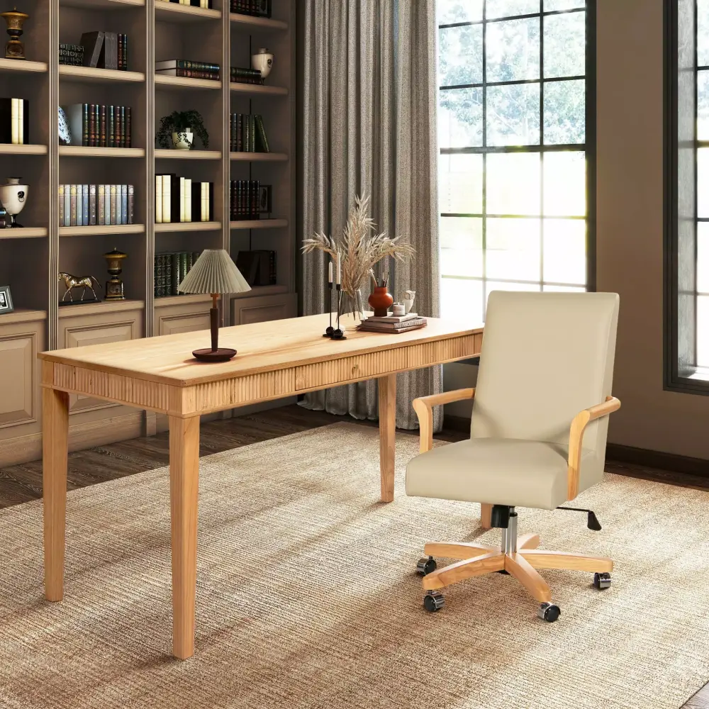 Jennifer Taylor Home Dumont Modern Farmhouse 2-Piece Desk & Executive Chair Set Cream Beige Leather