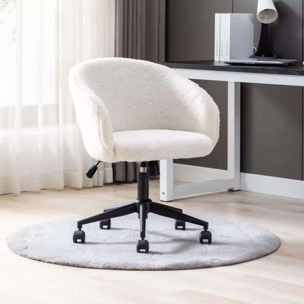Geemwin Desk Chair Faux Fur Task Chair Modern Adjustable Swivel Makeup Stool White