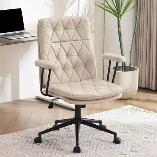 Modern Ergonomic Swivel Desk Chair with Wheels Comfy Thick Cushioned Suede Fabric Mid Back Accent Chair Beige