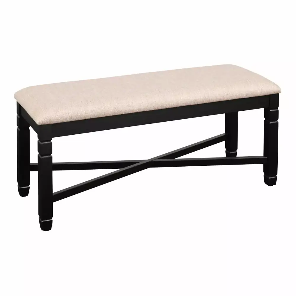 Fabric Dining Bench with Turned Legs and X Shaped Support - Beige and Black